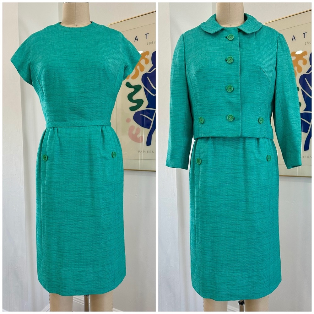 Vintage 60’s Aqua Textured Midi Dress & Jacket Set